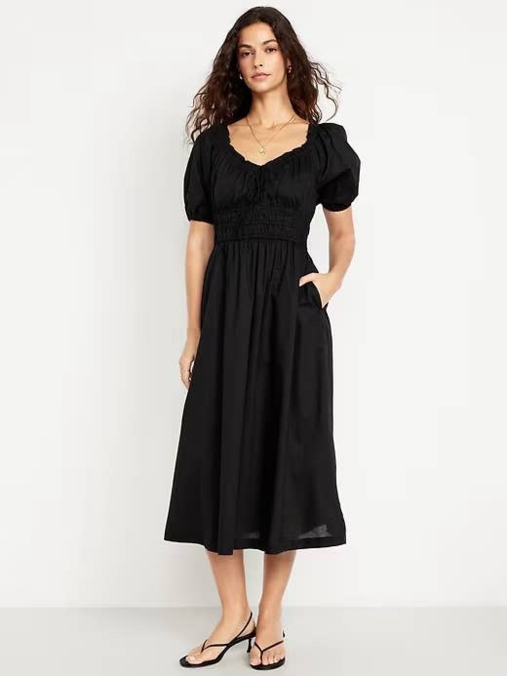 old navy fit & flare puff sleeve midi dress — black